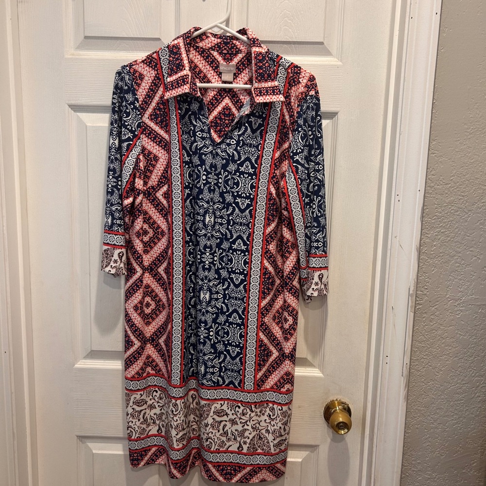 Chicos Women's Size Large US 12 Vanity 2 Coral Navy Paisley‎ Print Shirt Dress